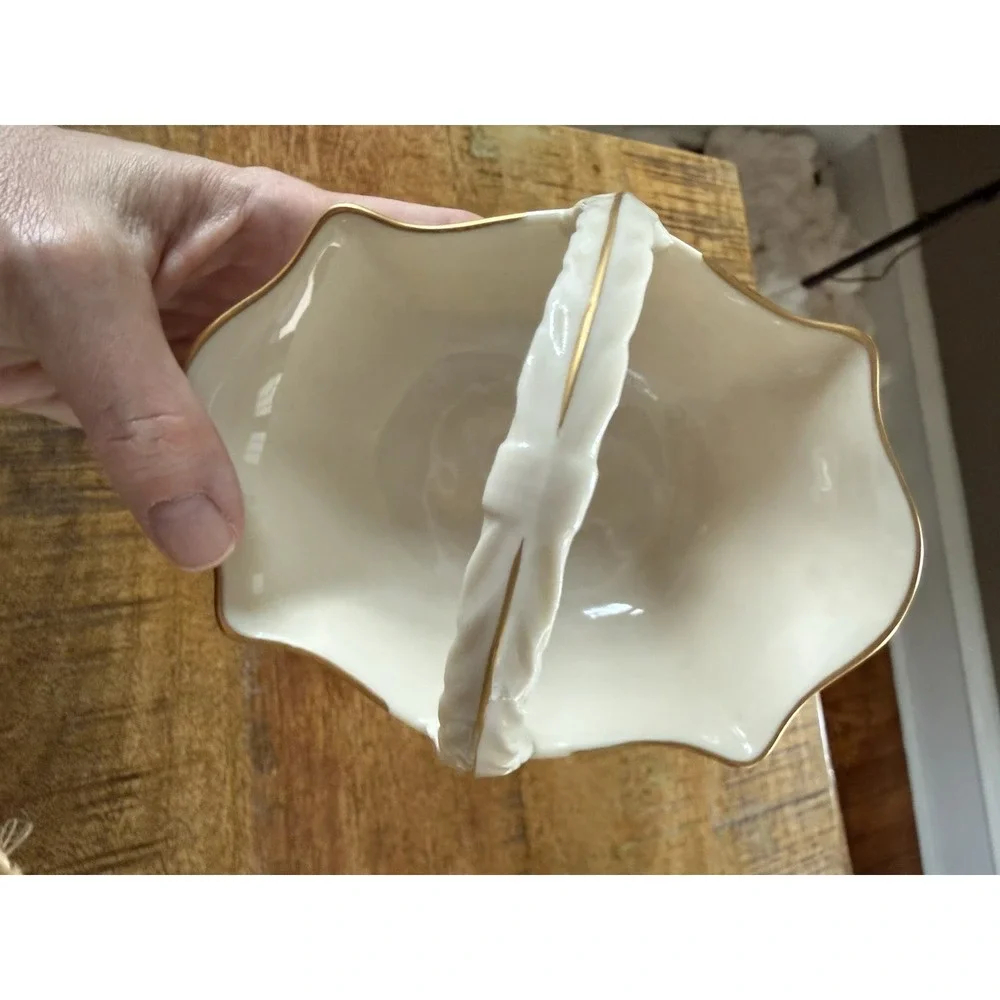 Lenox Basket With Handle San Souci Collection Ivory Oval Porcelain Gold USA Vtg